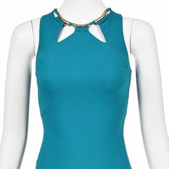ROBERTO CAVALLI Early 2000s Turquoise Maxi Gown with Cut Outs and Gold Hardware