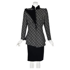 EMANUEL UNGARO 1980s Black & White Plaid Wool Jacket & Velvet Skirt Suit, SZ L