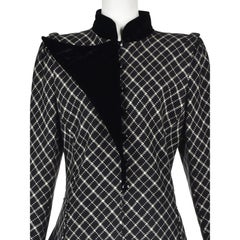 EMANUEL UNGARO 1980s Black & White Plaid Wool Jacket & Velvet Skirt Suit, SZ L