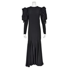 SHIRLEY PARKER LONDON c.1980s Black Silk Evening Gown with Statement Sleeves