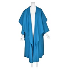 LOUIS FERAUD Vintage Turquoise Wool Oversized Cape Coat with Integrated Hood, OS
