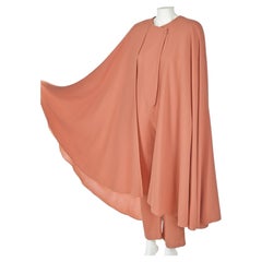 Rare Vintage 1980s MIMI TRUJILLO Coral Wool Crepe Asymmetric Jumpsuit & Cape Set
