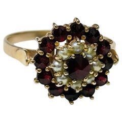 Antique Victorian Bohemian Cocktail Ring With Garnet And Pearls