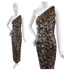 1990er Jahre, Bellville, Sassoon, Lorcan Mullany, Harrods, schwarz-goldenes Paillettenkleid, Größe UK 12–14