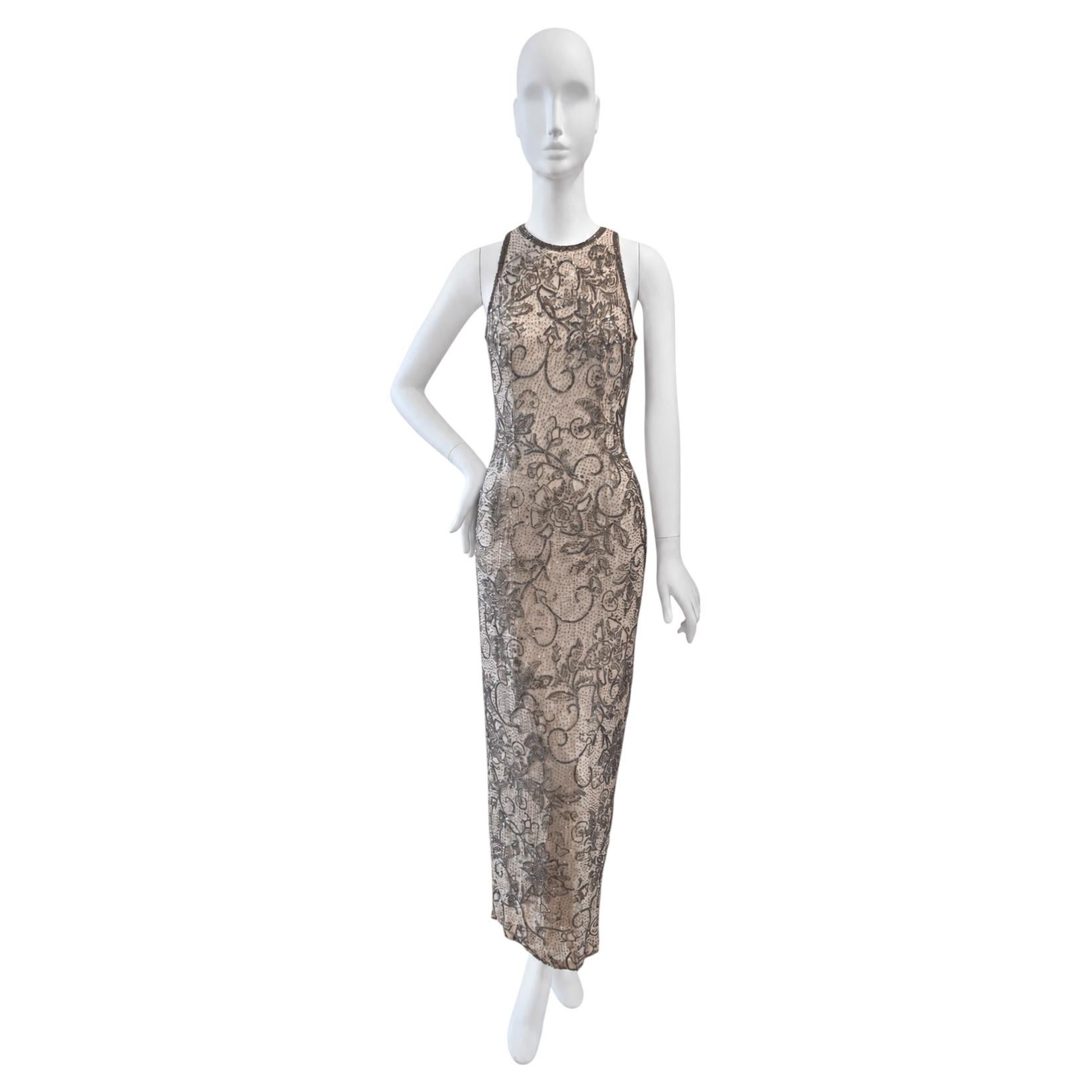 Vintage Oleg Cassini Black Tie Neiman Marcus Beaded Silk Evening Gown size US 6 For Sale
