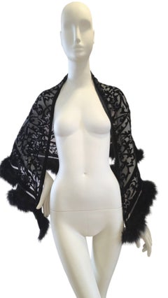 Elegant Black Devore Velvet Ostrich Feather Evening Stole