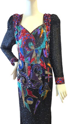 Vintage 1980s Black Tie by Oleg Cassini Beaded Sequin Evening Gown size US 12