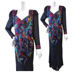 Vintage 1980s Black Tie Oleg Cassini Beaded Sequin Evening dress size US 10 12