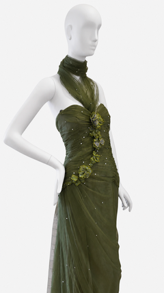 Bellville Sassoon Lorcan Mullany Abito da sera in seta verde con decorazioni, taglia US 12