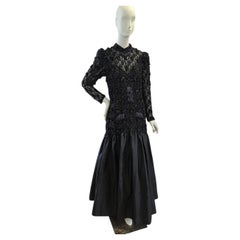 Vintage Oleg Cassini Black Tie Beaded Lace & Taffeta Evening Gown, 1980s US 12