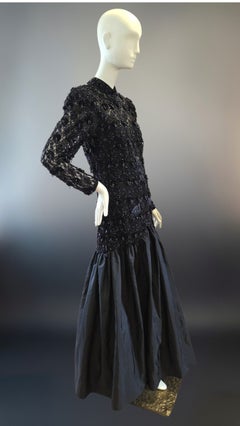 Vintage Oleg Cassini Black Tie Beaded Lace & Taffeta Evening Gown, 1980s US 12
