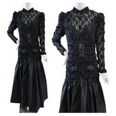 Vintage Oleg Cassini Black Tie Beaded Lace & Taffeta Evening Gown, 1980s US 12