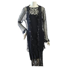 Vintage Sagaie Paris Black Sequined Evening Dress and Jacket UK 12 US 8 Euro 40