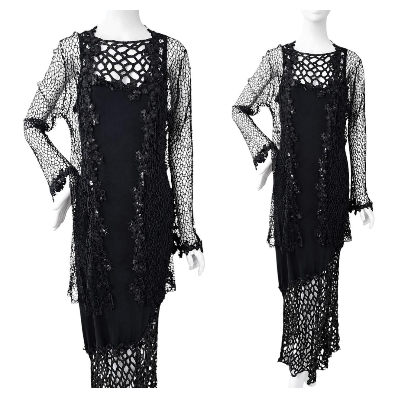 Vintage Sagaie Paris Black Sequined Evening Dress and Jacket UK 10 12 US 6 8