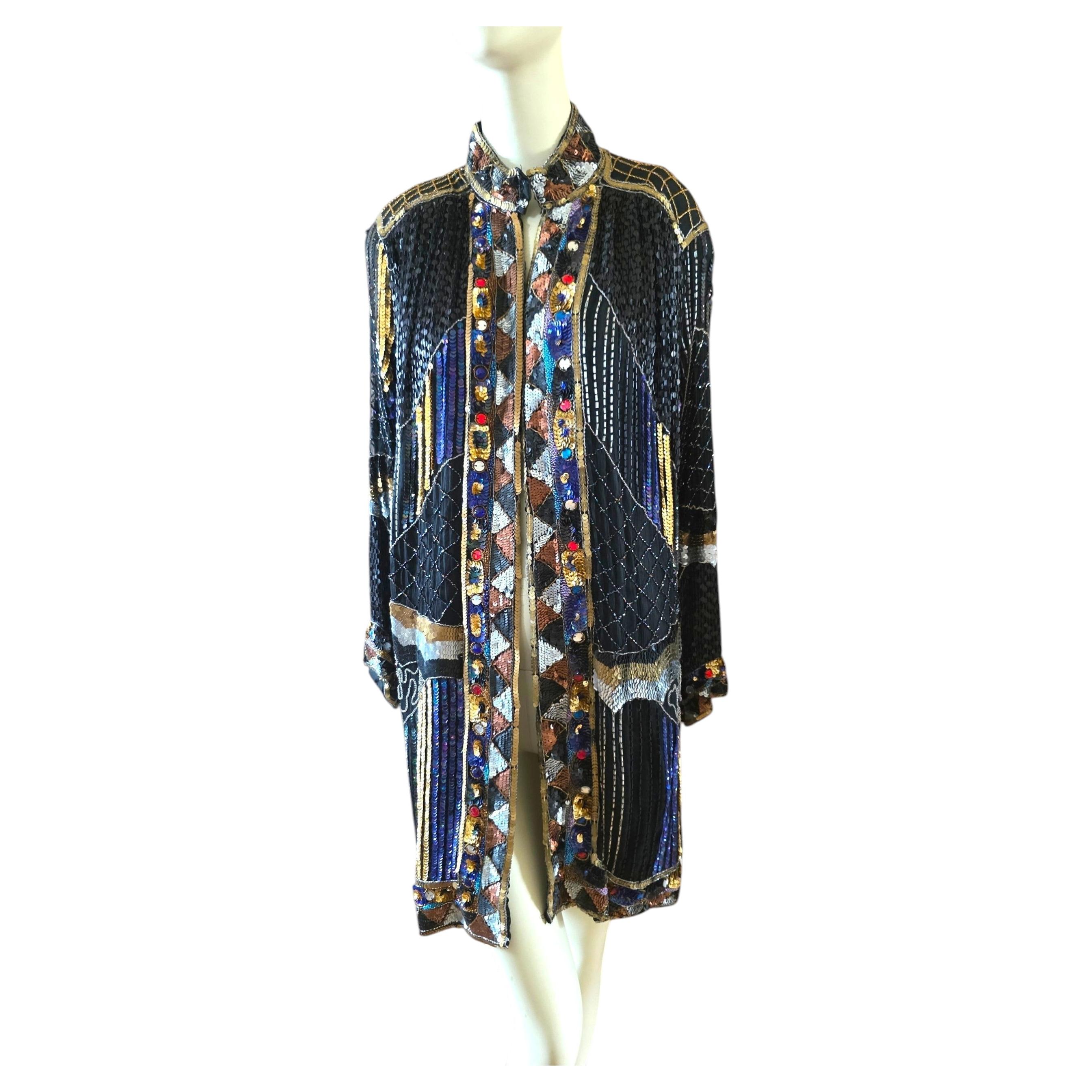 Vintage Frank Usher Pure Silk Heavily Beaded Sequin Evening Jacket, 1980s size S For Sale