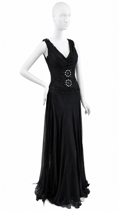 Vintage Faust Paris Black Beaded and Crystal Embellished Evening Gown UK 12 US 8