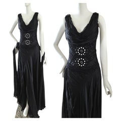 Abendkleid im Vintage-Art-Déco-Stil von Faust Paris, schwarz, mit Perlen verziert, Größe UK 12