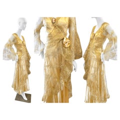 1970s Champagne Gold Satin and Embroidered Lace Evening Gown Dress US 6 UK 10