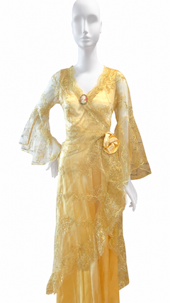 1970s Champagne Gold Satin Embroidered Lace Evening Gown Dress US 6 8 UK 10 12