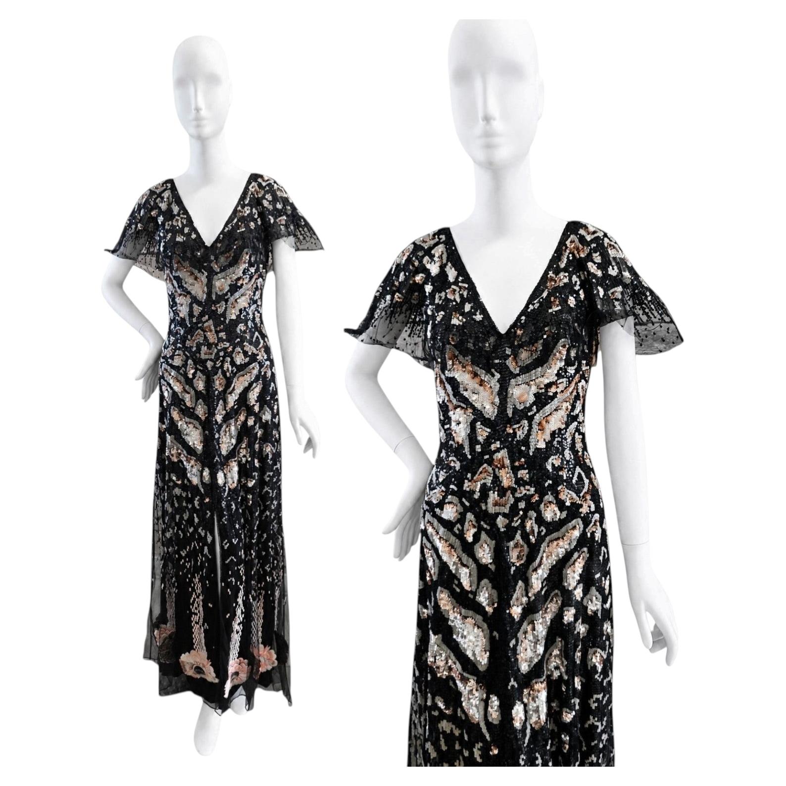 Temperley London Candy Black mix Art Deco style Sequinned Evening dress UK 10