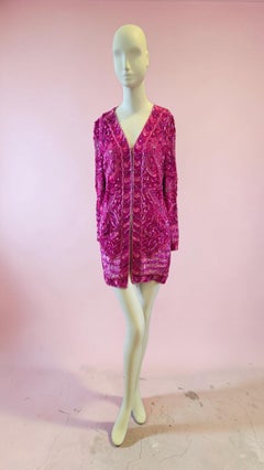 Vintage Frank Usher Fuchsia Pink Beaded Silk Evening jacket, 1980s size M UK 10