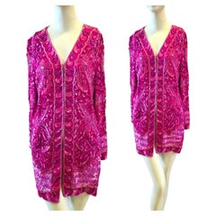 Vintage Frank Usher Fuchsia Pink Beaded Silk Evening jacket, 1980s size M UK 10