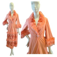 Vintage 1960s Peach Embroidered Feathered Boudoir Dressing Robe Size UK 6 US 2