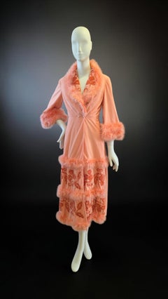 Vintage 1960s Peach Embroidered Feathered Boudoir Dressing Robe Size UK 6 US 2
