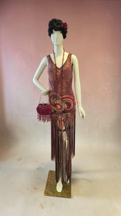 Sagaie Paris Silk Beaded Fringe Evening Dress with Art Deco Accessories UK 10
