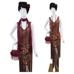 Sagaie Paris Silk Beaded Fringe Evening Dress with Art Deco Accessories UK 10