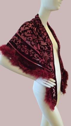 Elegant Burgundy Devore Velvet Ostrich Feather Evening Stole Shawl