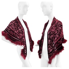 Elegant Burgundy Devore Velvet Ostrich Feather Evening Stole Shawl