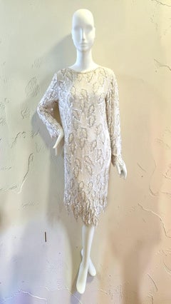 Vintage 1980s Ivory Beaded Sequin Evening Dress Leaf Motif size UK 12 US 8