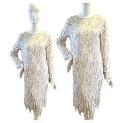 Vintage 1980s Ivory Beaded Sequin Evening Dress Leaf Motif size UK 12 US 8