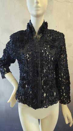 Vintage Black Short Cropped Tapework Evening jacket 1980 size L US 8 10 UK 12 14