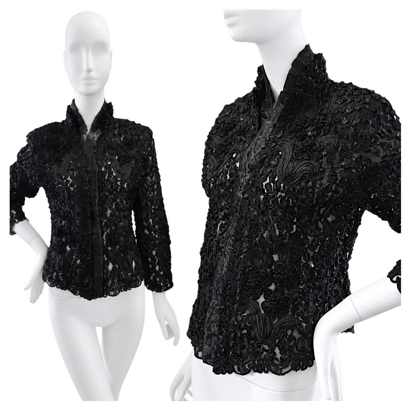 Vintage Black Short Cropped Tapework Evening jacket 1980 size L US 8 10 UK 12 14