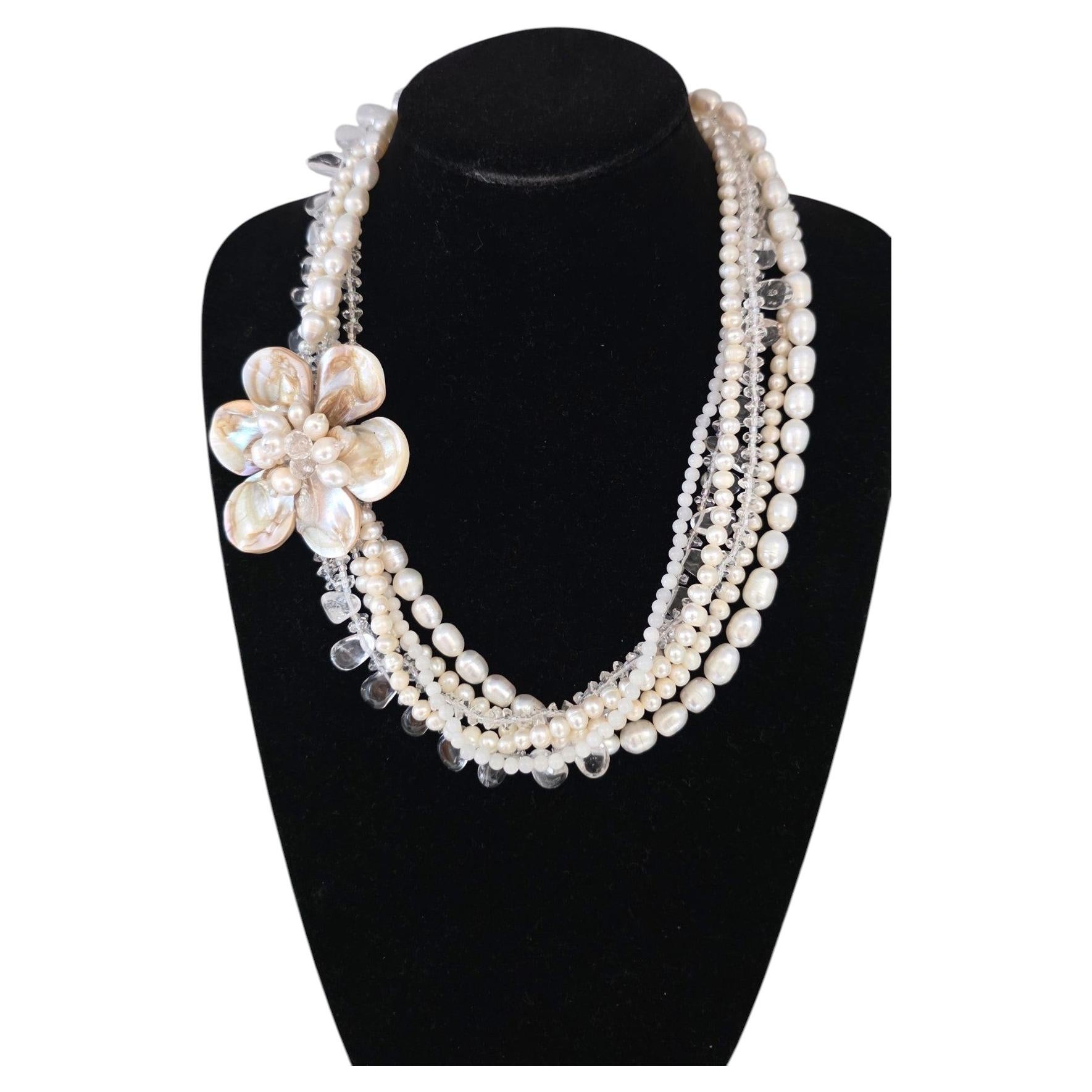 Freshwater Pearl, Chalcedony, Rock Crystal and Mother-of-Pearl Floral Necklace