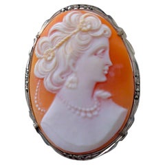 Art Deco Hand Carved Shell Cameo Marcasite Large Brooch Pendant circa 1930
