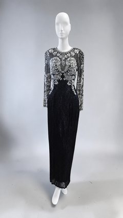 Anni '90: abito da sera in seta "Black Tie" di Oleg Cassini, riccamente decorato con perline, taglia UK 12, US 10