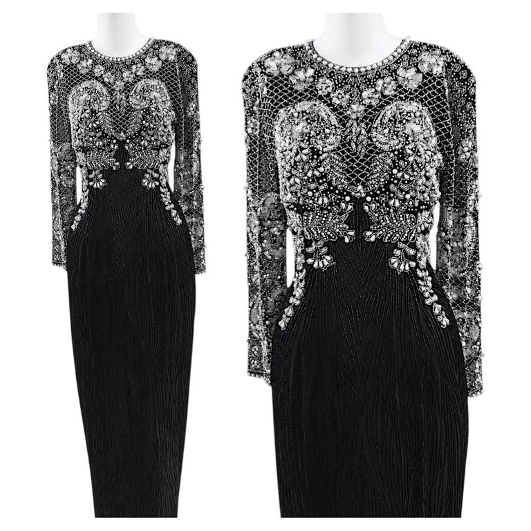 oleg cassini black tie beaded dress 1990s Silk Heavily Evening size UK 12 US 10 feminine prairie core Alexa Short A-Line Satin Style:Style #72520 Measures (Approximately) Length