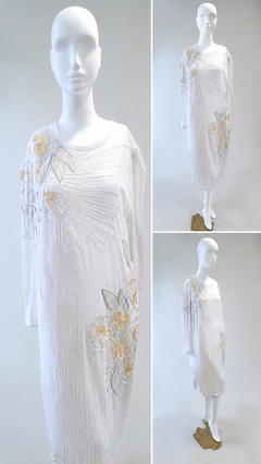 Abito da sera vintage da sposa Oleg Cassini, color avorio con ricami floreali dorati, taglia UK 14, US 10