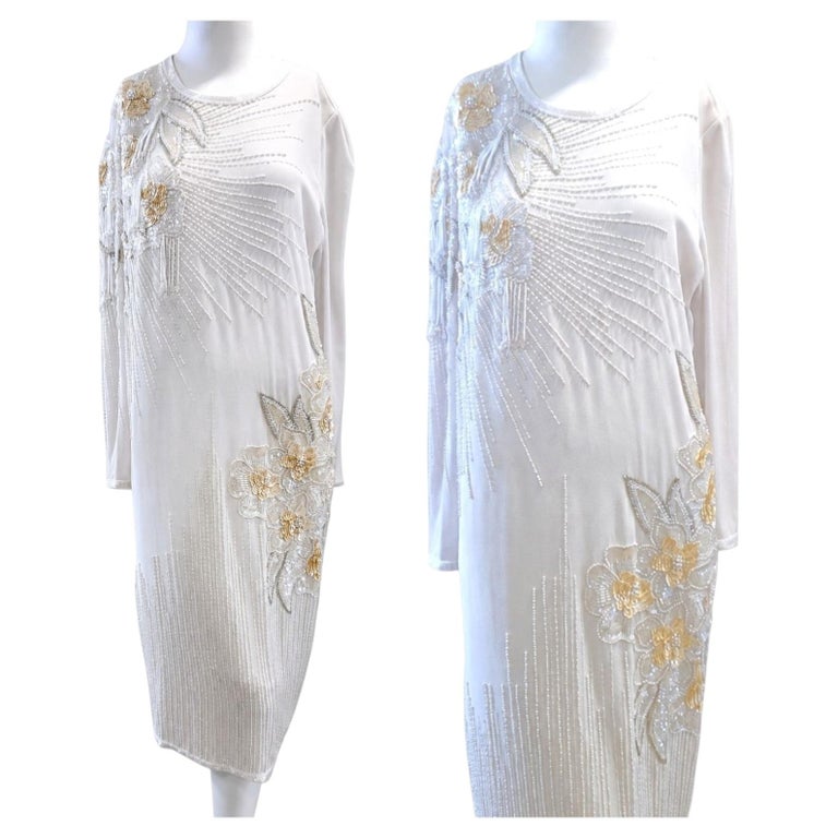 ivory evening dresses uk Vintage Oleg Cassini Bridal Gold Beaded Floral Dress 14 US 10 For Sale at 1stDibs Plaid_Ruffle_Dress