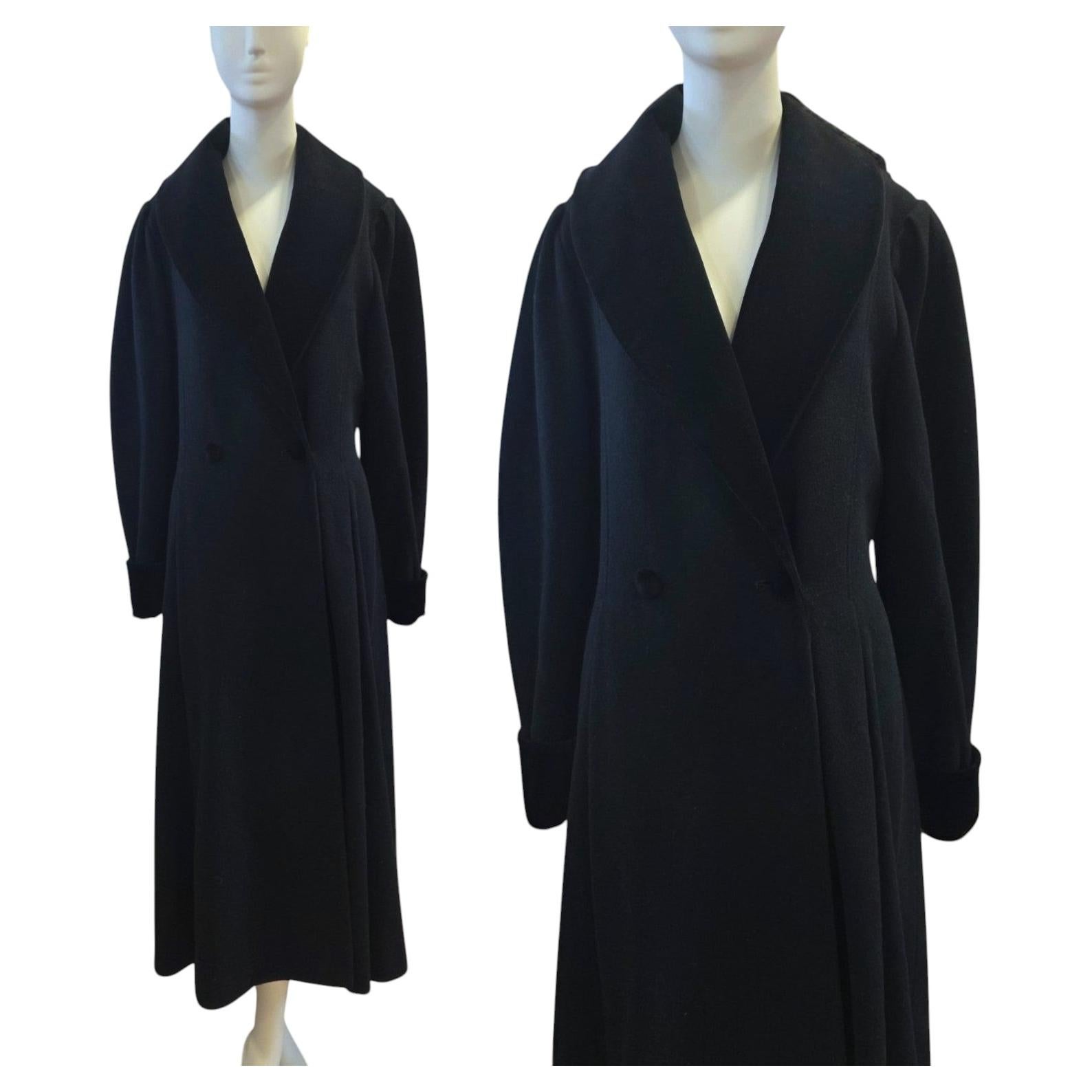 Pre-owned Laura Ashley Vintage  Black Wool Cashmere Full-length Riding Coat Uk 12 Us 8