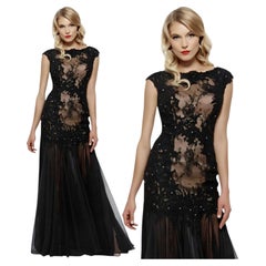 Mac Duggal Art Deco style Black Beaded Lace Illusion Evening dress Size US 8