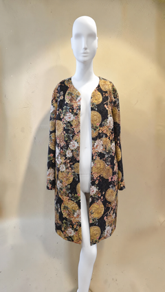 Luxurious Gold Shimmer Jacquard Evening Coat Exotic Floral Medallion Print UK 12