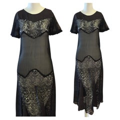 Original 1920s Flapper Art Deco Black Silk Chiffon Lace Evening Dress size US 4
