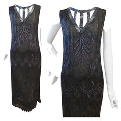 Original 1920s Art Deco Black Beaded Flapper Dress Glass Beads size UK 4 US 8 S