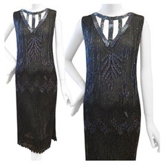 Original 1920s Art Deco Black Beaded Flapper Dress Glass Beads size UK 4 US 8 S