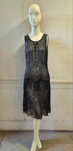 1920s Art Deco Style Black Beaded Flapper Dress size UK 10 US 6