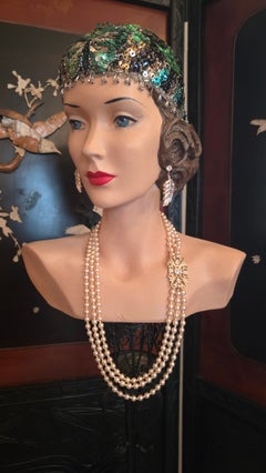 Sphinx Vintage Triple-Strand Glass Pearl Necklace with Art Deco Crystal Clasp